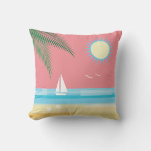 Tropical Beach on Coral Sky - Outdoor Pillow