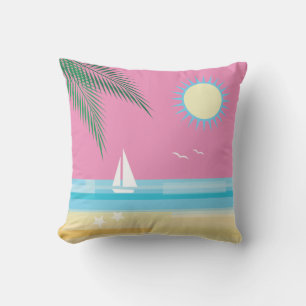 Tropical Beach on Pink Sky - Outdoor Pillow