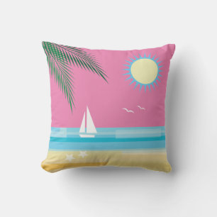 Tropical Beach on Pink Sky Throw Pillow