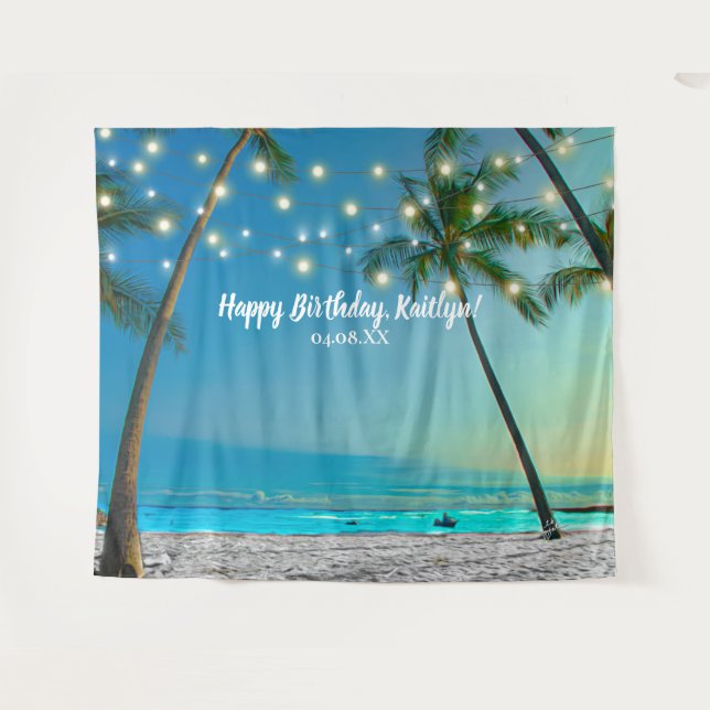 Tropical Beach Palm Birthday Photo Booth Backdrop Tapestry (Front (Horizontal))