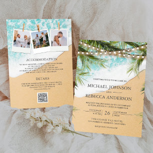 Tropical Beach Palm Lights Photo QR Code Wedding Invitation