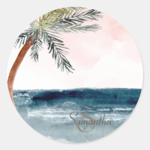 Tropical Beach Palm-Monogram Classic Round Sticker