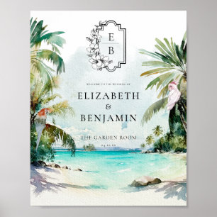 Tropical Beach Palm   Monogram Wedding Welcome Poster