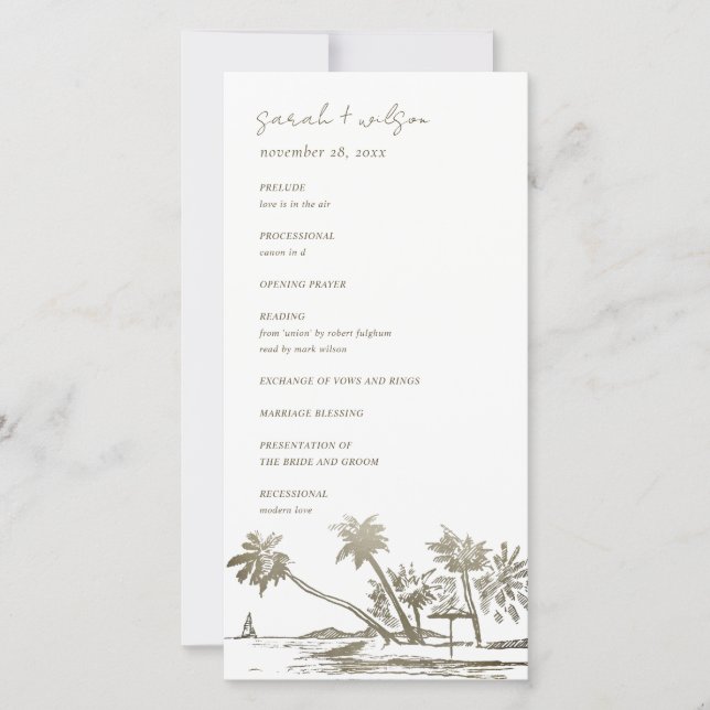 Tropical Beach Palm Sketch Gold Wedding Program (Front)