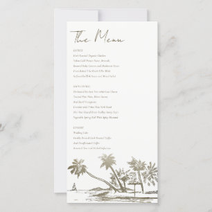 Tropical Beach Palm Sketch Wedding Gold Menu Card