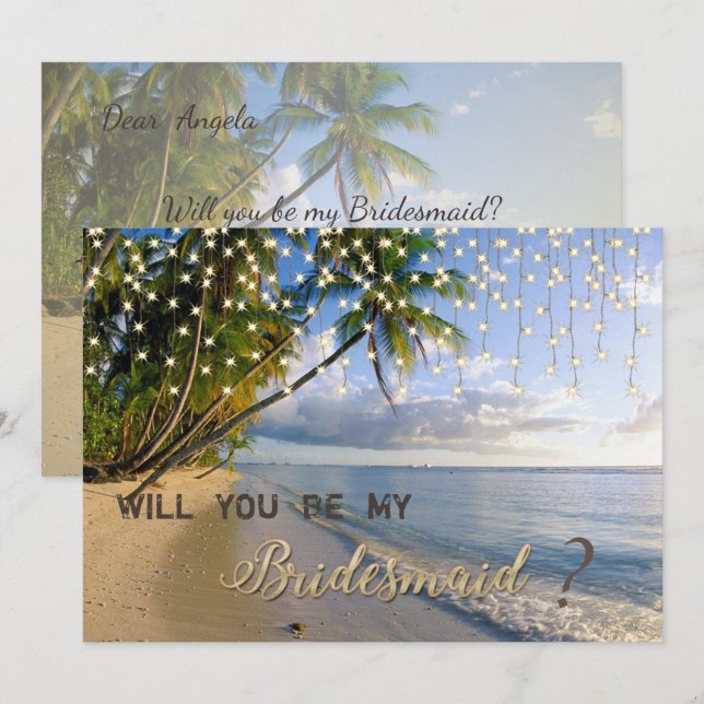 Tropical Beach,Palm,String Lights Bridesmaid Card (Front/Back)