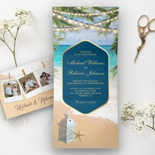 Tropical Beach Palm String Lights Lantern Wedding Tri-Fold Invitation