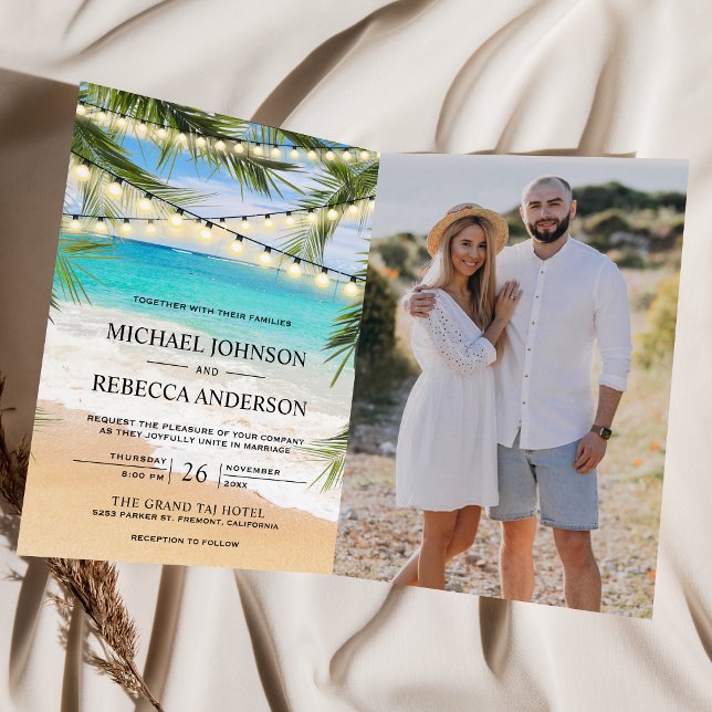 Tropical Beach Palm String Lights QR Code Wedding Invitation (Creator Uploaded)