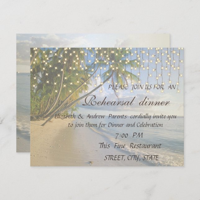 Tropical Beach,Palm,String Lights Rehearsal Dinner Invitation (Front/Back)