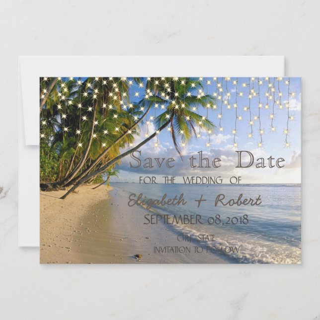 Tropical Beach,Palm,String Lights  Save The Date (Front)