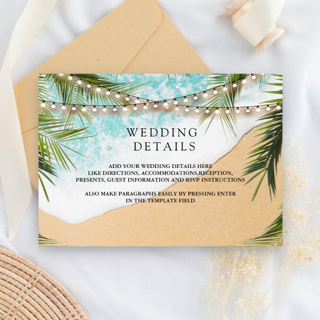 Tropical Beach Palm String Lights Wedding Details Enclosure Card (Creator Uploaded)