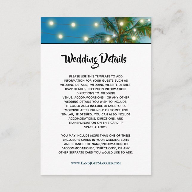 Tropical Beach Palm String Lights Wedding Details Enclosure Card (Front)