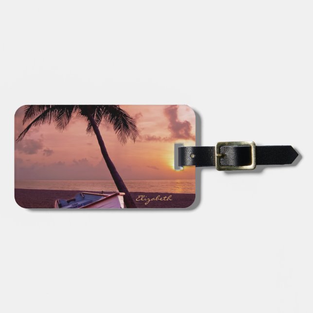 Tropical Beach, Palm, Sunset, Boat - Personalized Luggage Tag (Front Horizontal)