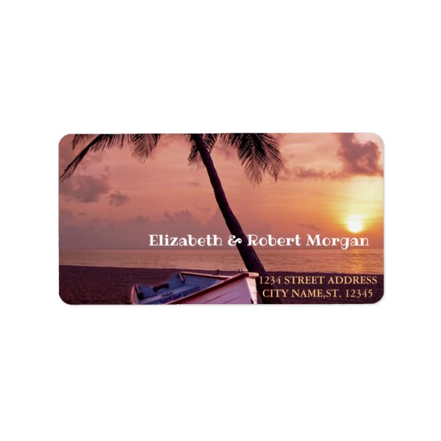 Tropical Beach Palm Sunset Boat  Wedding Label (Front)