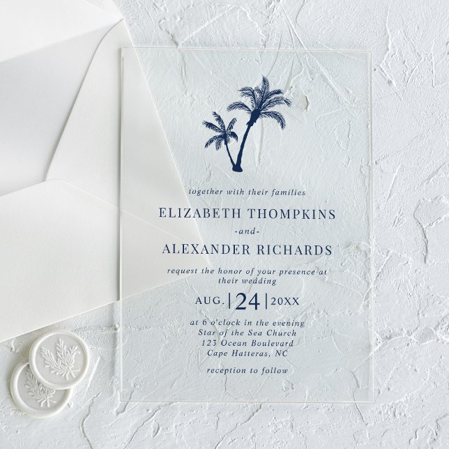 Tropical Beach Palm Tree Nautical Navy Wedding Acrylic Invitations (Creator Uploaded)