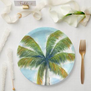 Tropical Beach palm tree on a sunny day Paper Plate