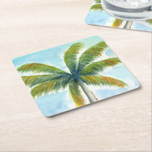 Tropical Beach palm tree on a sunny day Square Paper Coaster