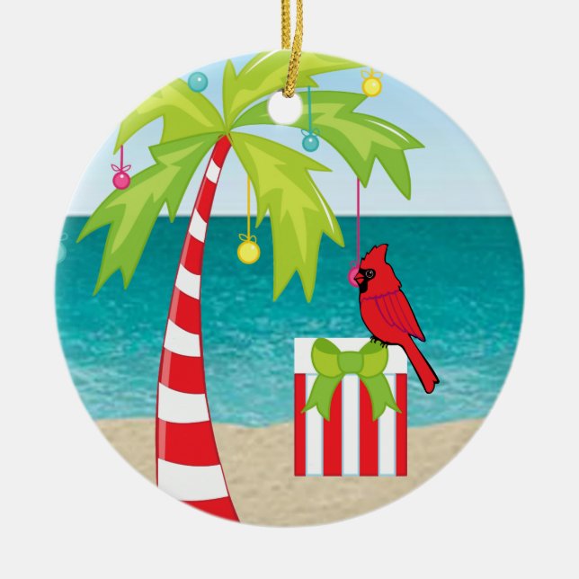 Tropical Beach Palm Tree Red Cardinal Christmas Ceramic Ornament (Front)