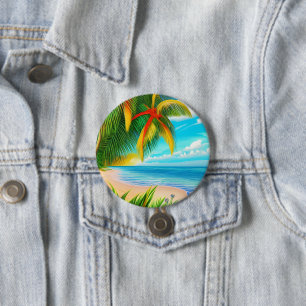 Tropical Beach Palm Tree Scene 3 Inch Round Button
