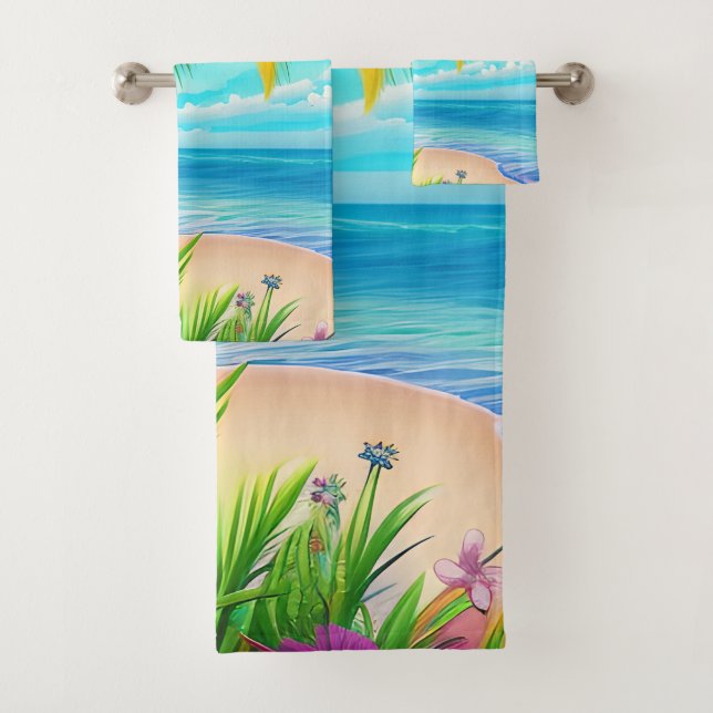 Tropical Beach Palm Tree Scene Bath Towel Set (Insitu)