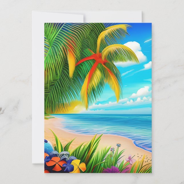 Tropical Beach Palm Tree Scene Holiday Card (Front)
