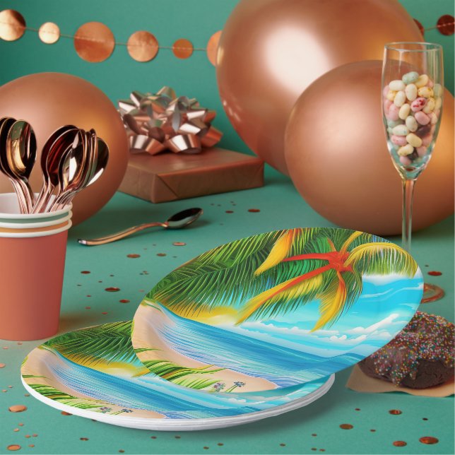 Tropical Beach Palm Tree Scene Paper Plate (Multi)