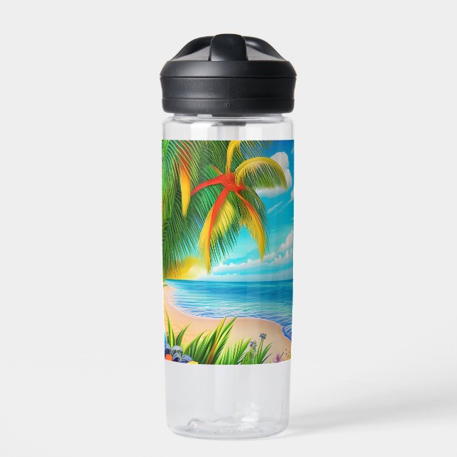Tropical Beach Palm Tree Scene Water Bottle (Front)