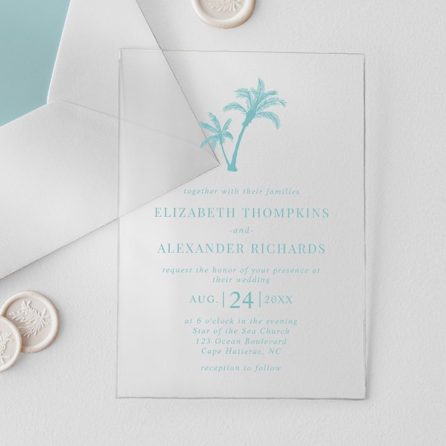 Tropical Beach Palm Tree Sea Glass Blue Wedding Acrylic Invitations (Creator Uploaded)