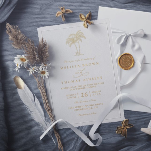 Tropical Beach Palm Tree Sea QR Code Wedding Invitation (Creator Uploaded)