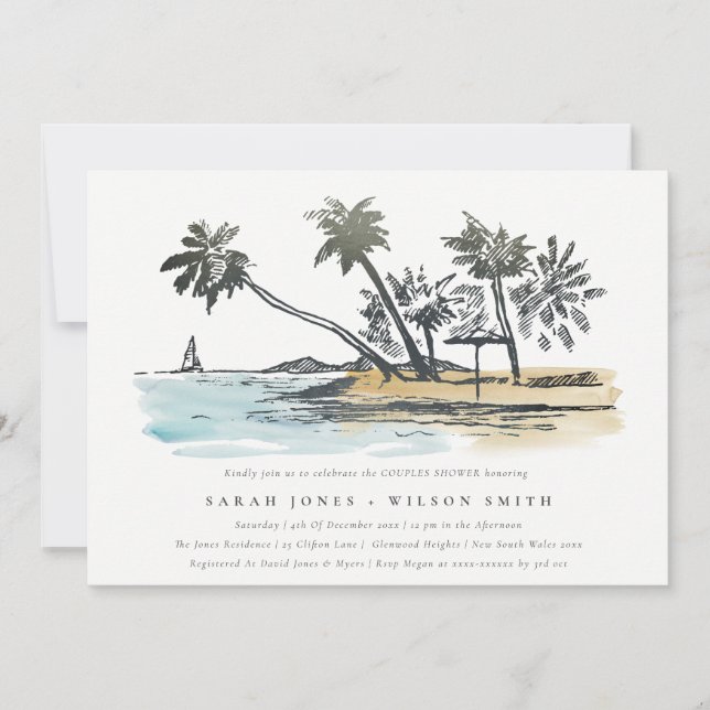 Tropical Beach Palm Tree Sketch Couples Shower Invitation (Front)