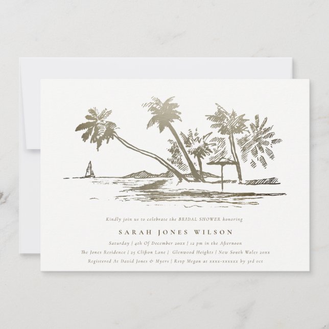 Tropical Beach Palm Tree Sketch Gold Bridal Shower Invitation (Front)