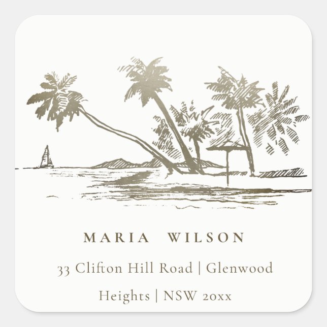 Tropical Beach Palm Tree Sketch Pale Gold Address Square Sticker (Front)