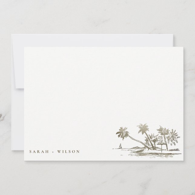 Tropical Beach Palm Tree Sketch Pale Gold Wedding Card (Front)
