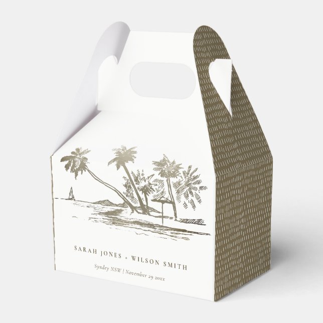Tropical Beach Palm Tree Sketch Pale Gold Wedding Favor Box (Front Side)