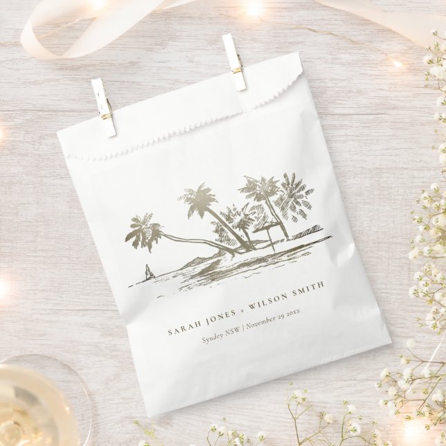 Tropical Beach Palm Tree Sketch Pale Gold Wedding Favour Bag (Clipped)