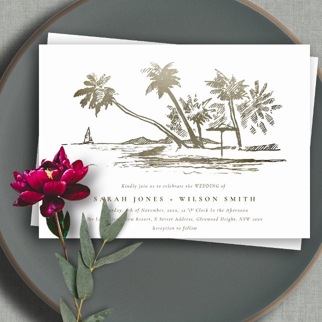 Tropical Beach Palm Tree Sketch Pale Gold Wedding Invitation (Creator Uploaded)