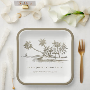 Tropical Beach Palm Tree Sketch Pale Gold Wedding Paper Plate