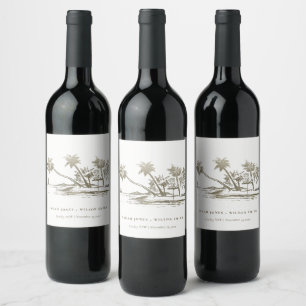 Tropical Beach Palm Tree Sketch Pale Gold Wedding Wine Label