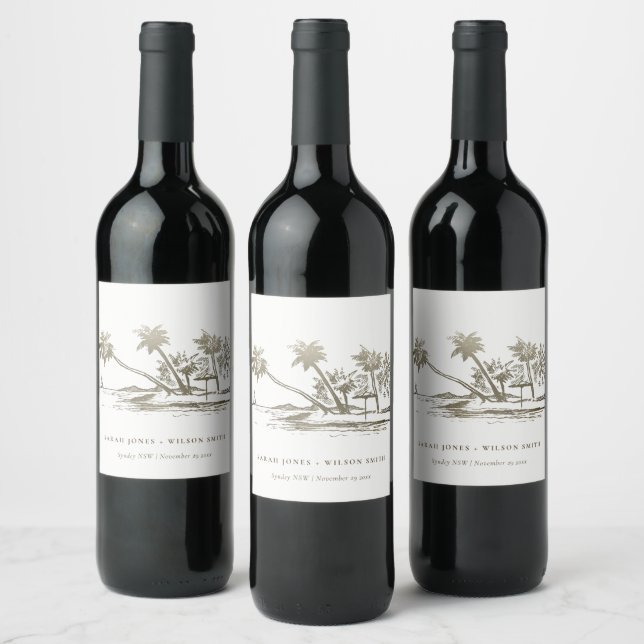 Tropical Beach Palm Tree Sketch Pale Gold Wedding Wine Label (Bottles)