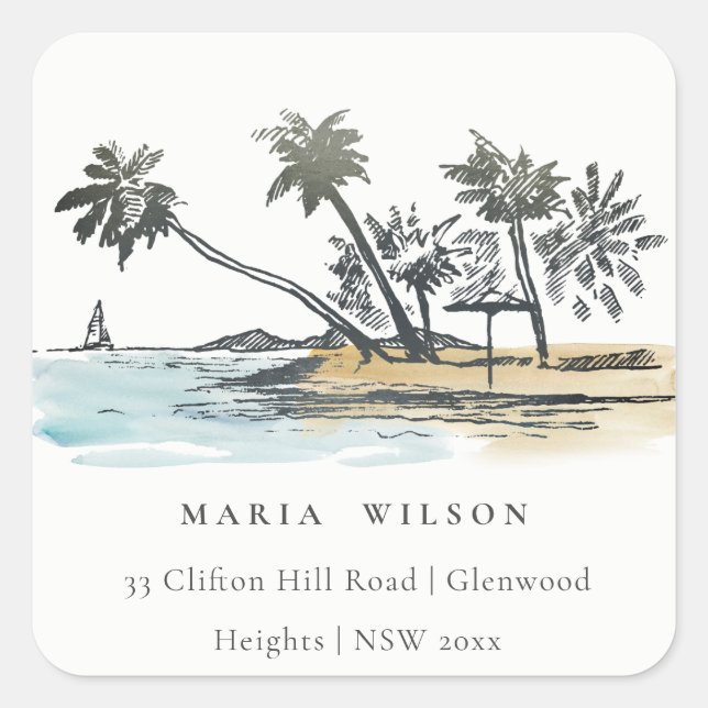 Tropical Beach Palm Tree Sketch Watercolor Address Square Sticker (Front)