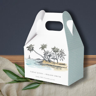 Tropical Beach Palm Tree Sketch Watercolor Wedding Favor Box