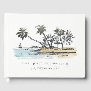 Tropical Beach Palm Tree Sketch Watercolor Wedding Guest Book