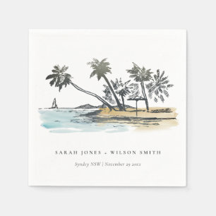 Tropical Beach Palm Tree Sketch Watercolor Wedding Napkin
