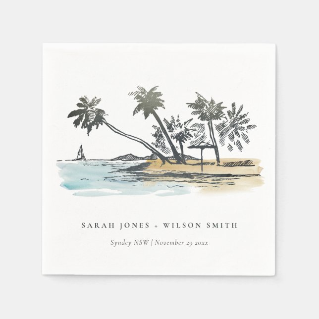 Tropical Beach Palm Tree Sketch Watercolor Wedding Napkin (Front)