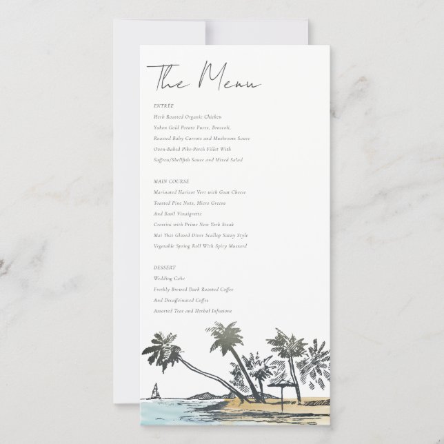 Tropical Beach Palm Tree Sketch Wedding Menu Card (Front)