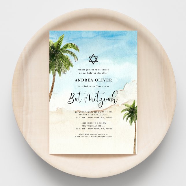 Tropical Beach Palm Tree Star of David Bat Mitzvah Invitation (Creator Uploaded)