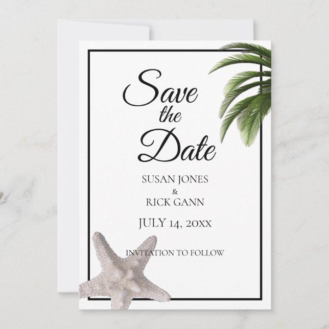 Tropical Beach Palm Tree Starfish Modern Save The Date (Front)