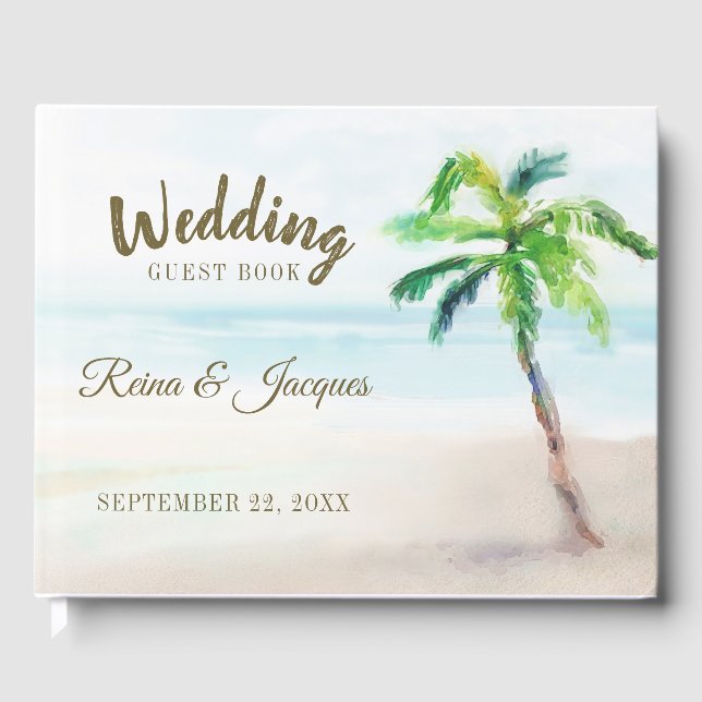 Tropical Beach Palm Tree Watercolor Wedding Guest Book (Front)