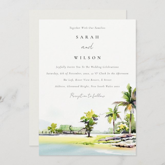 Tropical Beach Palm Tree Watercolor Wedding Invite (Front/Back)
