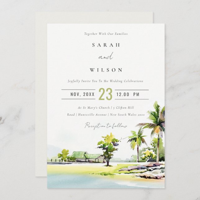 Tropical Beach Palm Tree Watercolor Wedding Invite (Front/Back)